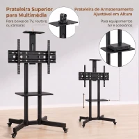HOMCOM Suporte para TV com Rodas 32"-75" Altura Regulável Inclinação ±15° e 2 Prateleiras Preto(m-7)