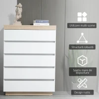 HOMCOM Comodă cu 5 sertare minimală din lemn, 80x40x109 cm, alb și culoare stejar(m-5)