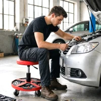 HOMCOM Tabouret d'Atelier Mobile avec Plateau Hauteur Réglable de 40-52 cm Charge 135 kg avec Roulettes pour Garage Rouge(m-4)
