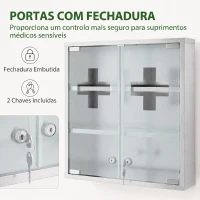 HOMCOM Armário de Medicamentos de Parede com Fechadura, Portas de Vidro, Prateleiras e 2 Chaves para Casa de Banho e Cozinha 46x12x48 cm Prateado(m-5)