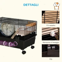 PawHut Gabbia per Criceti con Casetta, Tunnel e Ruota, Base con 4 Rotelle, 60x35x38.5cm, Nero e Marrone(m-7)