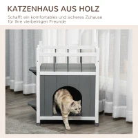 PawHut Katzenhaus mit Balkon Katzenhütte Lodge Outdoor Winterfest Massivholz Grau+Weiß 60 x 46 x 65 cm(m-4)
