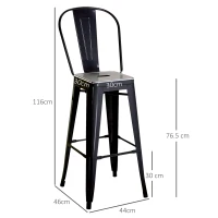 HOMCOM Set 2 Scaune de Bar Industriale cu Spătar Detașabil și Suport pentru Picioare, din Metal, 44x46x116 cm, Negru(m-3)
