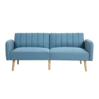 HOMCOM Sofá Cama de 2 Lugares com Encosto Ajustável em 3 Posições Apoio para os Braços e Pés de Madeira 173x75x73 cm Azul Claro(m-11)