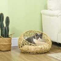 PawHut Rattan Katzenhöhle Katzenbett Katzenhaus mit Kissen Katzenzelt Haustierhaus für Katzen Hunde Beige Ø56 x 35 cm(m-10)
