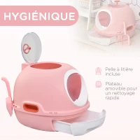 PawHut Bac à litière pour chat maison de toilette portable pour chat tiroir à litière coulissant porte battante lucarne + pelle fournis dim. 47L x 55l x 44H cm rose(m-4)