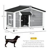 PawHut Casa para Cães de Madeira Casa para Animais de Estimação com Teto Asfáltico 2 Janelas Porta com Cortina 97x72x65 cm Cinza(m-3)