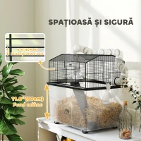 PawHut Cușcă pentru Hamsteri cu 2 Niveluri, cu Roți, Tuburi, Bol, Sticlă și Rampă, 58x43x57 cm, Neagră(m-5)