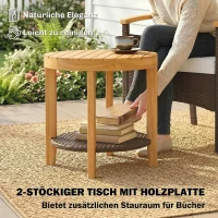 Outsunny Rattan Bistroset 3 teiliges FSC Gartenmöbel-Set mit 2 Sessel, 2-Ebene Holz-Tisch, dicke waschbare Kissen(m-8)