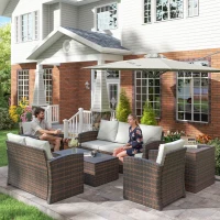 Outsunny Conjunto de Jardim Exterior de Vime 6 Peças Almofadas Sofá Duplo Sofá de 3 Lugares 2 Poltronas 2 Mesas Auxiliares Bege(m-10)