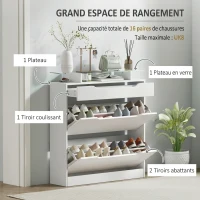 HOMCOM Armoire à Chaussures avec 2 Tiroirs Rabattables + 1 Tiroir Coulissant + 1 Comptoir et 1 Plateau en Verre blanc(m-11)