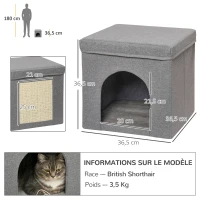 PawHut Niche maison pour chat cube pliable avec plateau griffoir coussin moelleux tissu aspect lin 36,5 x 36,5 x 36,5 cm gris(m-3)