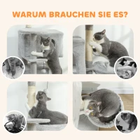 PawHut 140 cm Katzenkratzbaum, mehrere Ebenen, Sisal-Kratzpfosten, Höhlen, Plüsch-Plattformen, Hängematte, Leiter, Spielbälle(m-8)