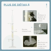 PawHut Arbre à chat 225-255 cm réglable en hauteur Tour pour chat 3 griffoirs et 2 balles 48x32x225-255 cm blanc(m-6)