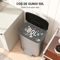 HOMCOM Pubelă de Bucătărie cu Pedală 50L, Capac cu Închidere Lentă, Deschidere la 90° și Recipient Detașabil, Oțel Inoxidabil, Gri(m-4)