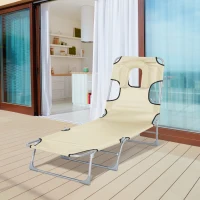 Outsunny Espreguiçadeira de Jardim Reclinável e Dobrável com Orifício de Leitura Apoio para Cabeça e Encosto Ajustável em 4 Níveis para Praia 182x56x24,5 cm Bege(m-12)
