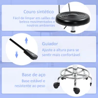 HOMCOM Banco Giratório com Rodas e Encosto Banco de Trabalho com Altura Ajustável Banco Estofado em Couro Sintético 32x40x70x70-86 cm Preto(m-6)