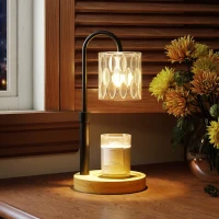 HOMCOM Candeeiro de Mesa Candeeiro Aquecedor de Vela com Base de Madeira Ecrã de Vidro Ø15x32,5 cm Multicor(m-2)