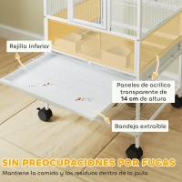 PawHut Jaula para Pájaros de 2 Niveles con Paneles Acrílicos Comederos Perchas Ruedas y Estante Inferior 48x46x134,5 cm Blanco(m-4)