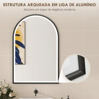 HOMCOM Espelho de Casa de Banho com Luz 60x90 cm Espelho de Parede Arqueado 3 Cores de Luz Brilho Regulável Função Antiembaçiamento Preto(m-8)
