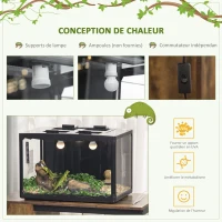 PawHut Terrarium en verre - vivarium reptiles & batraciens - habitat tortue - couvercle grillagé 2 parties amovibles - distributeur eau, thermomètre, pincette, 2 douilles inclus - ABS acrylique noir(m-8)