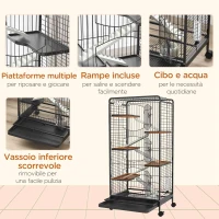 PawHut Gabbia per Piccoli Animali con Ruote, 5 Rampe e 5 Piattaforme, Ciotola e Bottiglia, 61.5x44x131 cm, Nero(m-6)