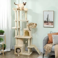 PawHut Arranhador para Gatos Grande com 7 Postes 1 Túnel 3 Plataformas 2 Cavernas 1 Rede 1 Poleiro 1 Rampa Pompons 60x40x170 cm Bege(m-2)