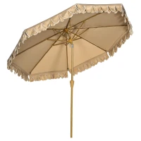 Outsunny Sonnenschirm, mit Fransen, neigbar, mit Handkurbel, Stahl+Polyester, khaki, Ø264 x 240 cm(m-1)