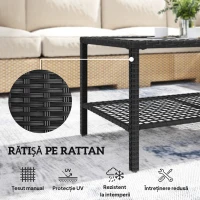 Outsunny Măsuță de Cafea din Ratan pe 2 Niveluri cu Raft, Blat din Sticlă Securizată, Măsuță de Exterior cu Cadru din Oțel, 92x50x45 cm, Negru(m-5)