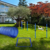 PawHut Treino de Agilidade para Cães Obstáculos de Salto para Cães com Altura Ajustável Túnel e Bolsa de Transporte Azul(m-10)