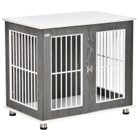 PawHut Transportbox für mittelgroße und kleine Hunde, verriegelbar Holzwerkstoff Stahl Grau + Weiß(m-1)