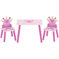 HOMCOM Ensemble table et 2 chaises enfant 3 pièces, pieds en bois massif, table avec chaise motif couronne, pour filles et garçons de 2 à 4 ans, rose(m-12)