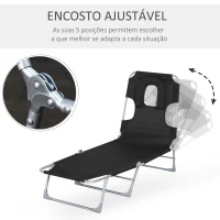 Outsunny Espreguiçadeira de Jardim Reclinável e Dobrável com Orifício de Leitura Apoio para Cabeça e Encosto Ajustável em 4 Níveis para Praia 182x56x24,5 cm Preto(m-5)
