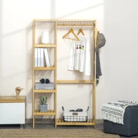 HOMCOM Suporte para Cabides de Bambu Cabideiro com Prateleiras de 4 Níveis com Barra Prateleira Inferior e Cabide Lateral 90x30x155cm Madeira(m-10)