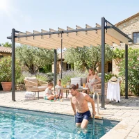Outsunny Pérgola de Jardim 3x3,8 m com Toldo Corrediço Ajustável a 90° Manivela, Estrutura de Alumínio e Aço UPF50+ Bege(m-7)