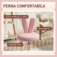 HOMCOM Scaun de Birou cu Urechi de Iepure, Înălțime Reglabilă și Acoperit cu Pluș Teddy Roz, 53x53x70-84 cm(m-4)