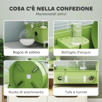 PawHut Gabbia per Criceti a 2 Livelli e 3 Porte con Ruota e Tubi, in Acciaio, PS e PP, 44.5x28x44 cm, Verde e Bianco(m-5)