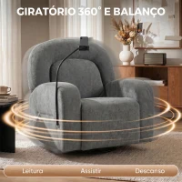 HOMCOM Poltrona Relax Reclinável 3 em 1 com Função de Baloiço Rotação 360° Suporte para Telemóvel Assento Amplo Cinzento(m-6)