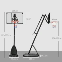 SPORTNOW Cesta de Basquetebol Ajustável 236-293 cm com Rodas Painel de PC Base Recarregável para Exterior Preto(m-3)