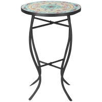 Outsunny Mesa de Jardim Redonda Mesa Auxiliar de Mosaico com Pés de Metal para Pátio Terraço Exterior Varanda Ø35,5x53,5 cm Turquesa(m-12)