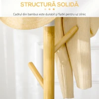 HOMCOM Cuier tip copac cu 8 cârlige și bază rotundă din bambus, lemn și metal, Ø37.8x175.6 cm, culoare lemn și alb(m-6)