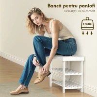 HOMCOM Bancă Joasă pentru Pantofi din Bambus cu 2 Rafturi și Șezut, 70 x 28 x 45 cm, Alb(m-5)