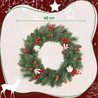 HOMCOM Ghirlandă de Crăciun de 60 cm cu 146 ramuri cu zăpadă artificială, conuri, fructe de pădure și globuri, verde(m-3)