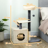 PawHut Arbore pentru Pisici, Înălțime 92 cm, cu Căsuță, Pat, Stâlpi din Sisal și Minge, Alb Crem(m-3)