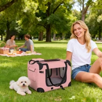 PawHut Transportadora Dobrável para Cães 60x41,5x41 cm com Janelas de Rede, Almofada Macia e 2 Alças para Mini Cães e Gatos Rosa(m-3)