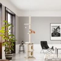 PawHut Arbre à Chat Poteau à griffer Hauteur réglable dim. 45L x 45I x 240-260H cm 2 niches 2 plateformes beige(m-8)