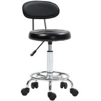 HOMCOM Scaun Rotativ Reglabil la 360° cu Spătar, Roți și Suport pentru Picioare, din Oțel, Piele Sintetică și Spumă, Negru(m-12)