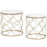 HOMCOM Set de 2 mese de living suprapozabile art deco din metal cu blat din sticlă, auriu(m-11)