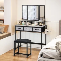 HOMCOM Toucador de Maquilhagem com Espelho Tríptico Removível, Banco Prateleiras e Suporte para Secador 90x40x141 cm Cinzento(m-10)