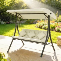 Outsunny Baloiço de Jardim Exterior de 3 Lugares com Toldo Ajustável e Estrutura de Aço 202x115x168 cm Bege(m-8)